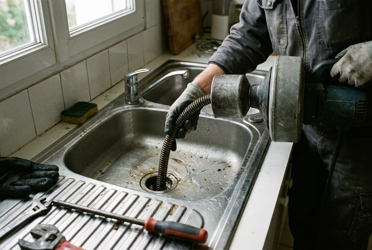 Débouchage d'une canalisation au furet électrique dans une cuisine à Massy