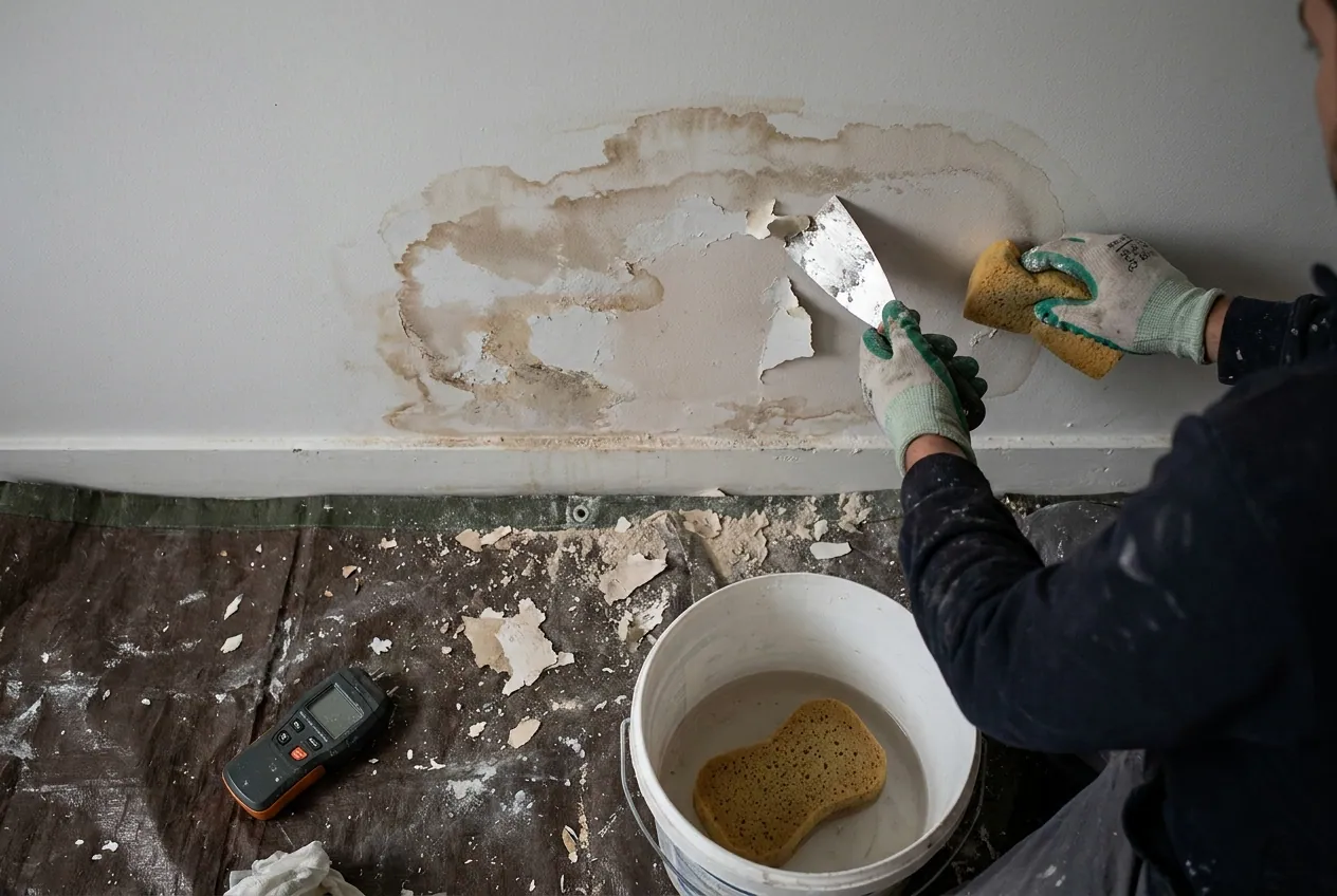 Tache d'humidité au plafond d'un appartement en copropriété à Massy