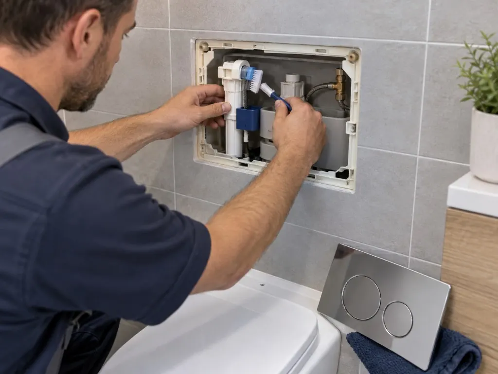 Plombier accédant au mécanisme d'un WC encastré Geberit par l'ouverture de maintenance, plaque de chasse déposée sur la cuvette, dans une salle de bain à Massy