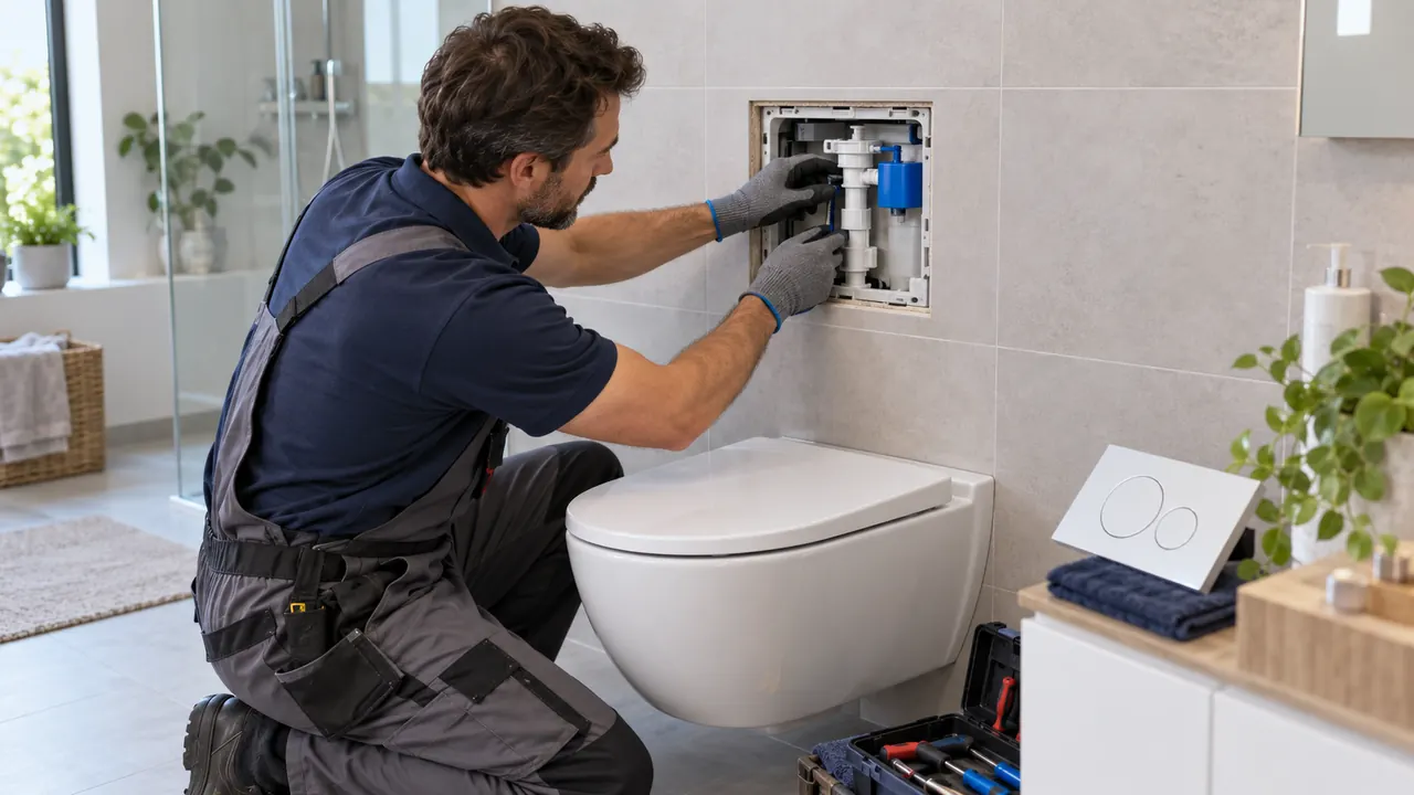 Plombier accédant au robinet flotteur d'un WC encastré Geberit par l'ouverture de maintenance, plaque de déclenchement déposée, dans une salle de bain à Massy