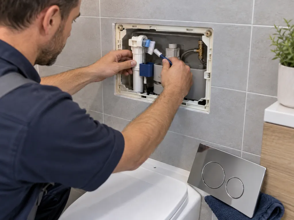 Plombier nettoyant à la brosse douce le filtre du robinet flotteur d'un réservoir Geberit encastré par l'ouverture de maintenance, à Massy